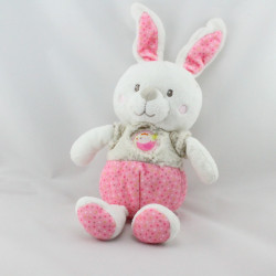 Doudou lapin blanc rose beige pois oiseau MOTS D'ENFANTS