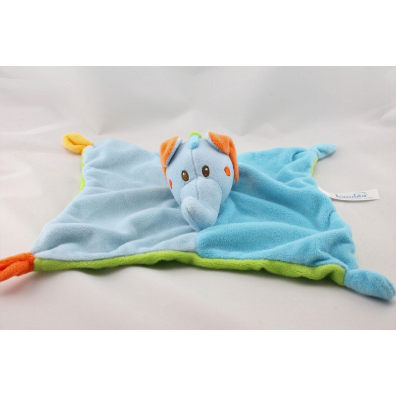 Doudou plat éléphant bleu vert orange BAMBIA