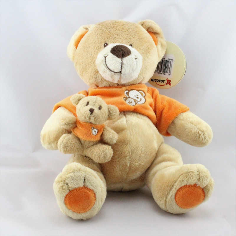 Doudou ours beige orange avec petit ourson NICOTOY 