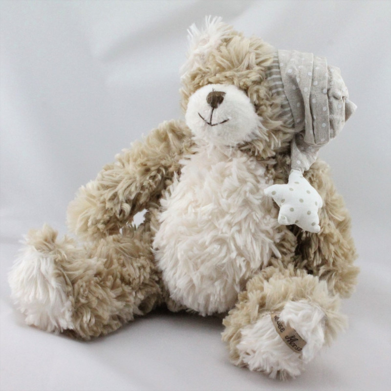 Doudou peluche ours beige blanc bonnet à pois étoile LOUISE MANSEN