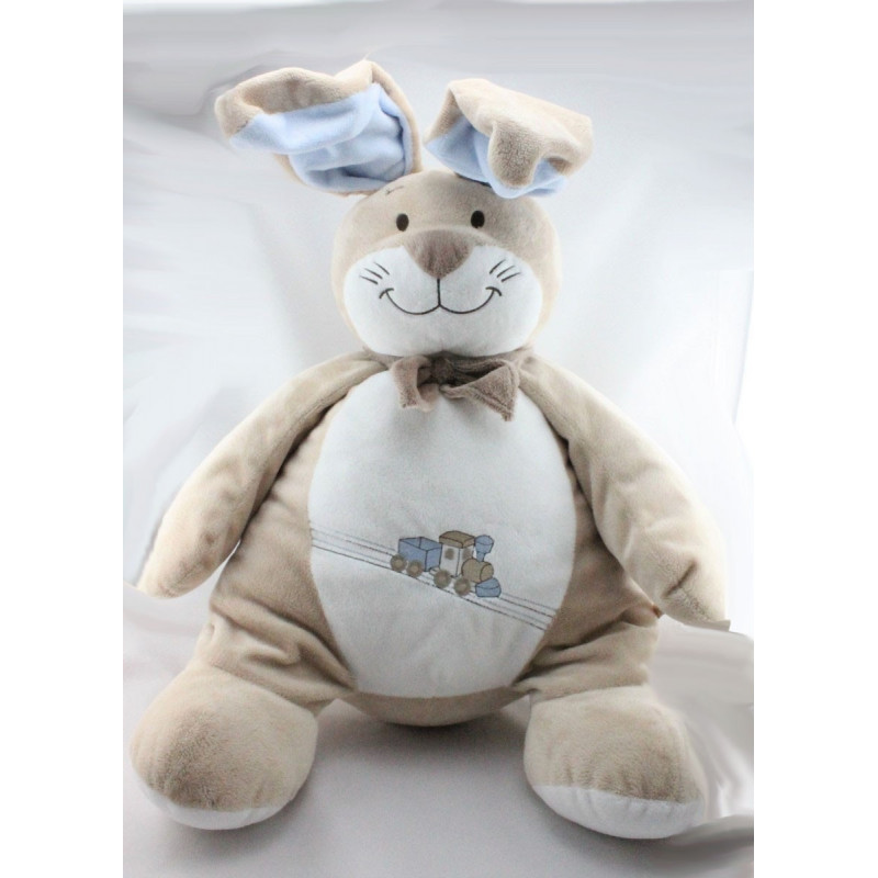 Grand Doudou lapin beige bleu foulard train Oscar et Léon NOUKIE'S 55 cm