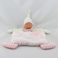 Doudou plat poupée baby Corolle rose blanc vichy coeur 