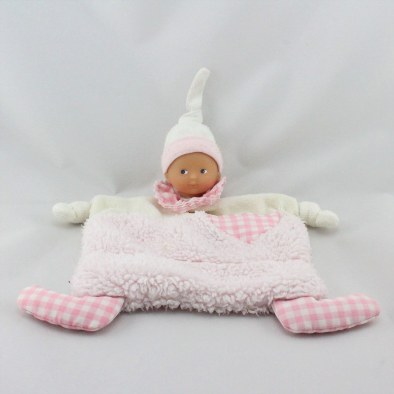 Doudou plat poupée baby Corolle rose blanc vichy coeur 