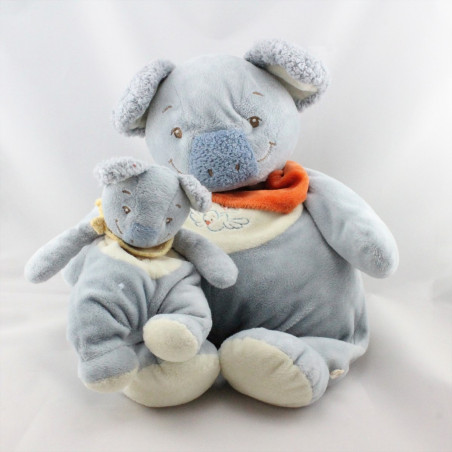 Grand Doudou koala bleu foulard orange avec bébé NOUKIE'S