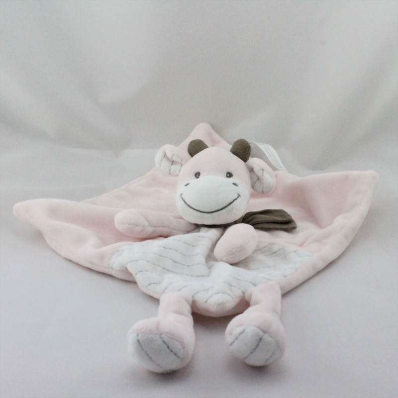 Doudou plat vache rose blanc rayé echarpe marron SIMBA TOYS NICOTOY
