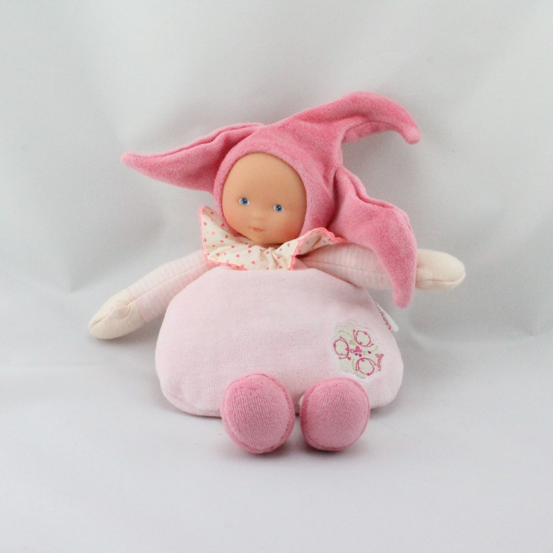 Doudou Poupée lutin rose fushia col coeurs Corolle