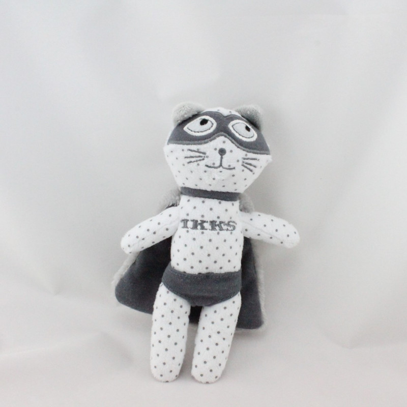 Doudou chat blanc gris super héros IKKS
