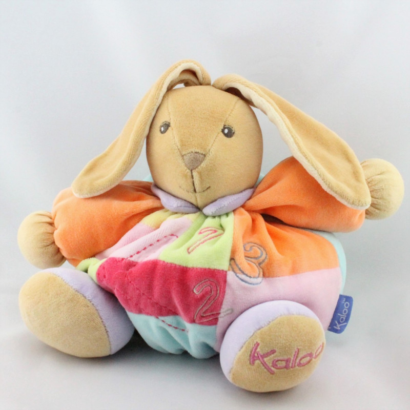 Doudou lapin patchwork orange vert bleu mauve jaune 123 KALOO