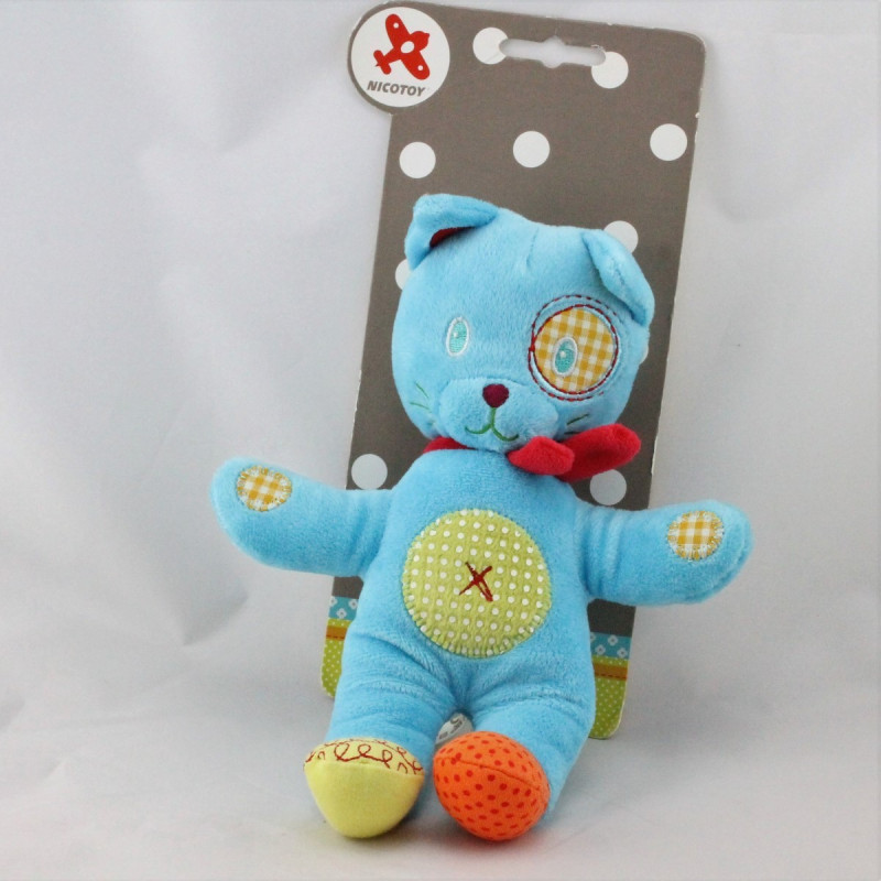 Doudou chat bleu vert rapiécé NICOTOY