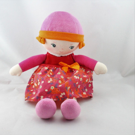 Doudou poupée chiffon rose rouge orange fleurs COROLLE 