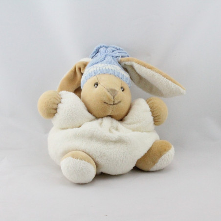 Doudou lapin blanc écru bonnet bleu laine KALOO