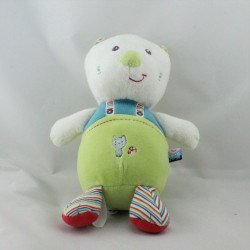 Doudou chat blanc vert bleu rouge rayé SUCRE D'ORGE