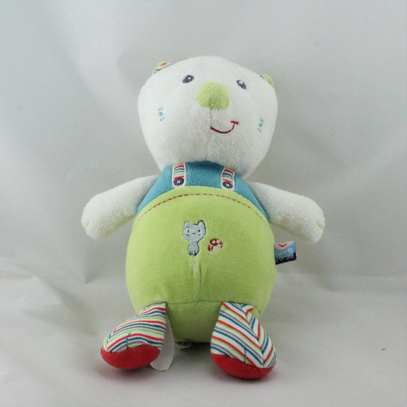 Doudou chat blanc vert bleu rouge rayé SUCRE D'ORGE