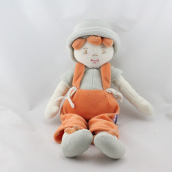 Doudou poupée garçon gris orange chapeau Sucre d'orge