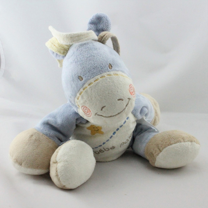 Doudou bébé poney bleu beige écru étoile KIABI