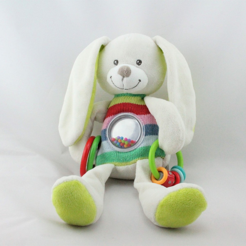 Doudou lapin blanc laine bleu vert rose rouge hochet NICOTOY