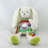 Doudou lapin blanc laine bleu vert rose rouge hochet NICOTOY