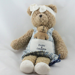 Doudou et compagnie ours beige robe carreaux bleues avec bébé