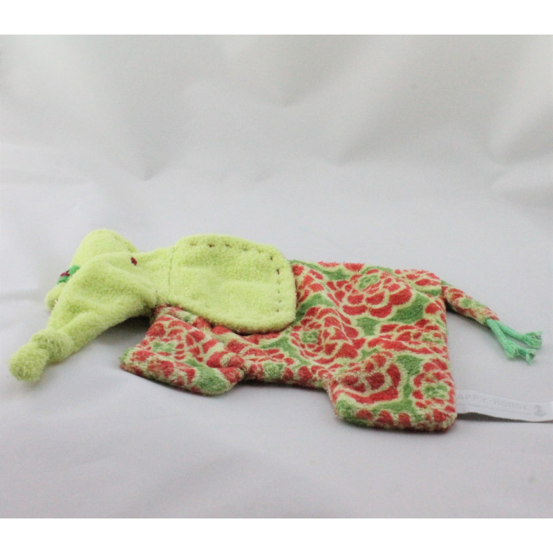 Doudou plat éléphant vert rouge fleurs HAPPY HORSE