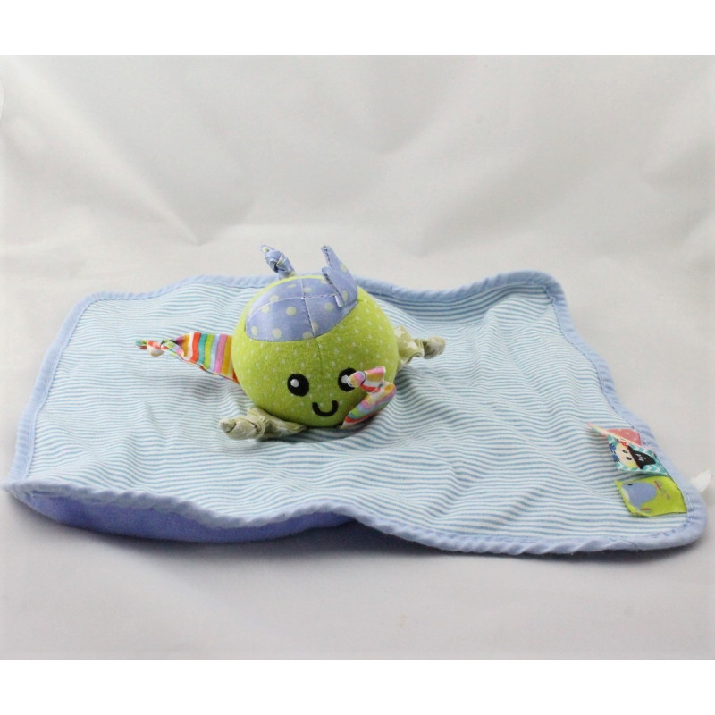Doudou plat pieuvre vert bleu rayé ITSIMAGICAL