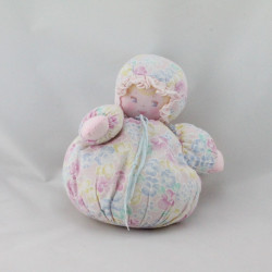 Ancienne poupée chiffon boule fleurs rose bleu COROLLE