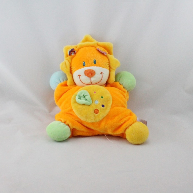 Doudou semi plat lion orange vert bleu jaune feuille POMMETTE