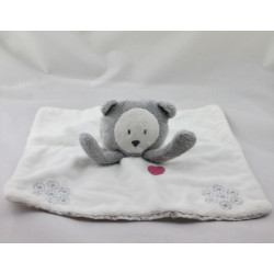 Doudou plat ours panda blanc gris fleurs coeur rose OBAIBI