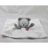 Doudou plat ours panda blanc gris fleurs coeur rose OBAIBI
