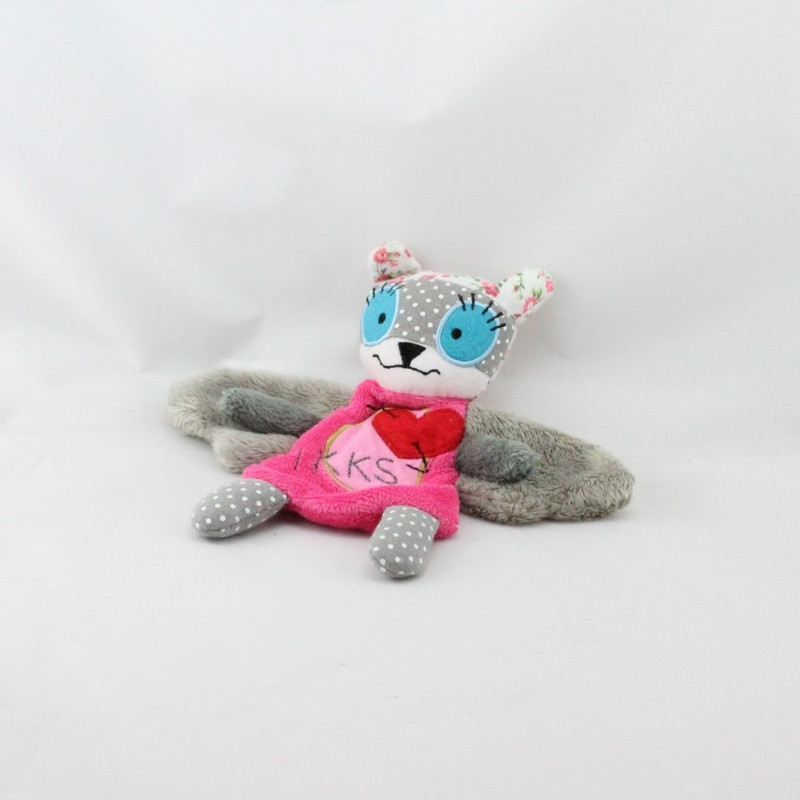 Doudou plat chouette rose gris coeur pois IKKS