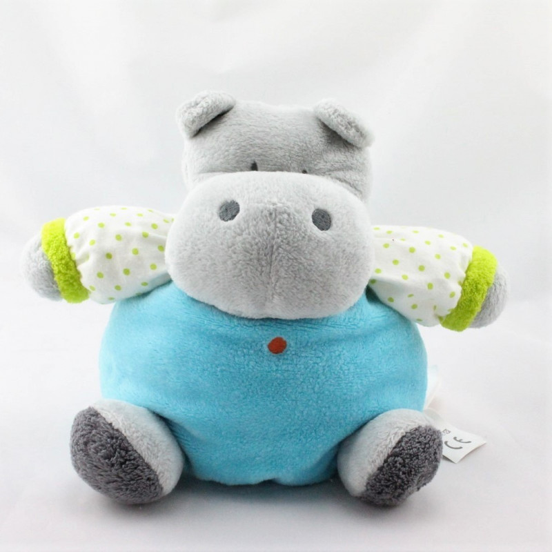 Doudou hippopotame gris bleu vert pois OBAIBI