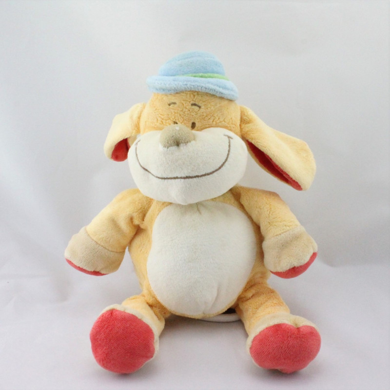 Doudou musical chien jaune rouge chapeau bleu BENGY