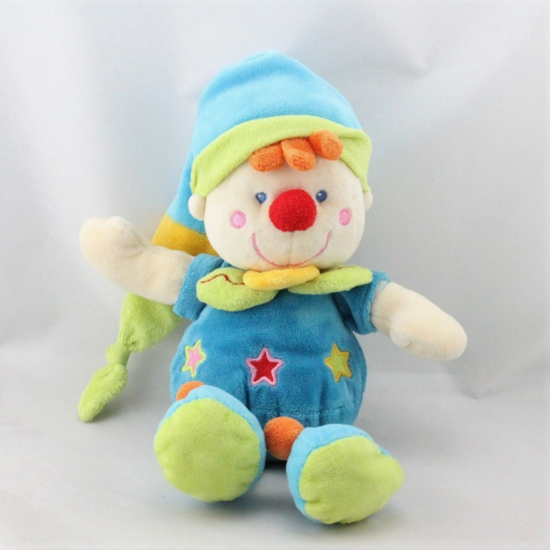 Doudou clown bleu vert étoiles NICOTOY