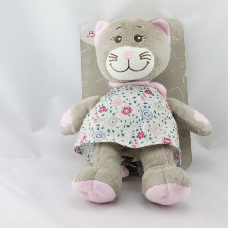 Doudou chat gris rose robe fleurs BENGY