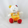 Doudou ours blanc jaune orange rouge vert rayé NICOTOY
