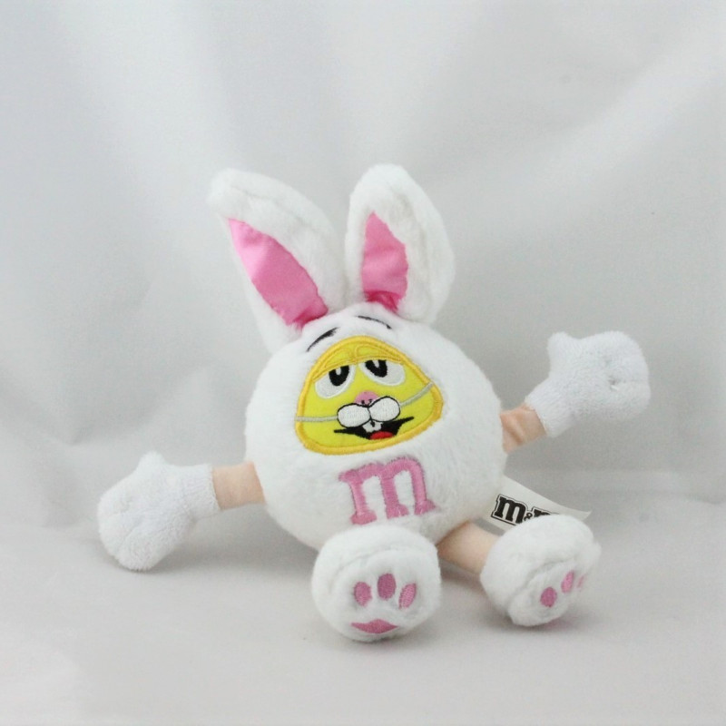 Doudou peluche lapin blanc jaune rose M&M'S