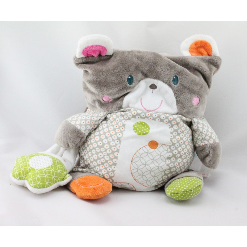 Coussin Doudou ours gris vert orange rose OBAIBI