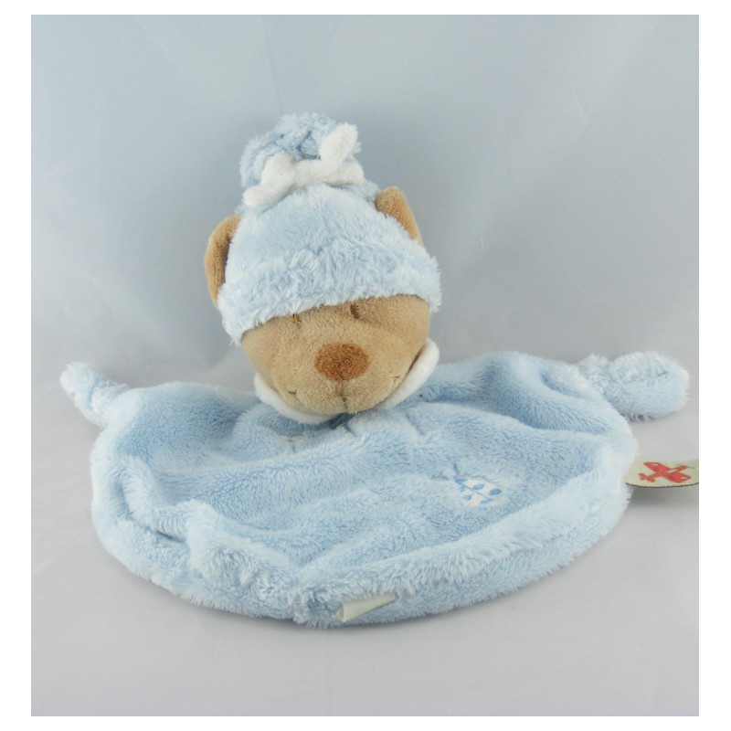 Doudou plat ours bleu bonnet coccinelle brodée NICOTOY