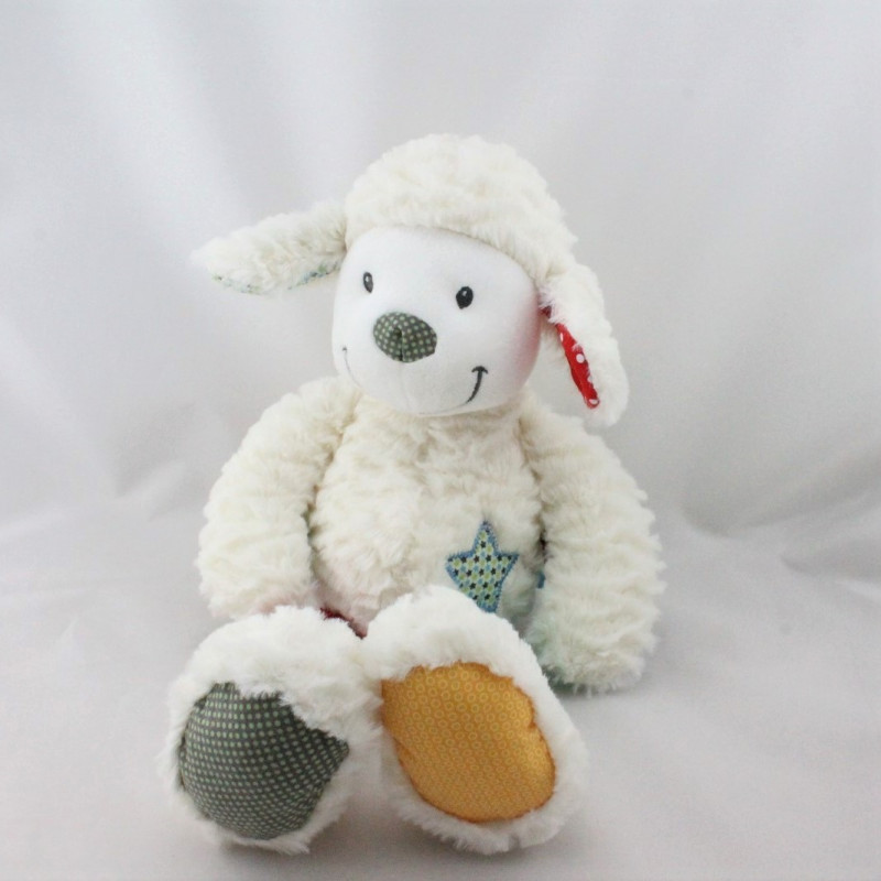 Doudou mouton blanc bleu vert rouge pois étoiles NICOTOY