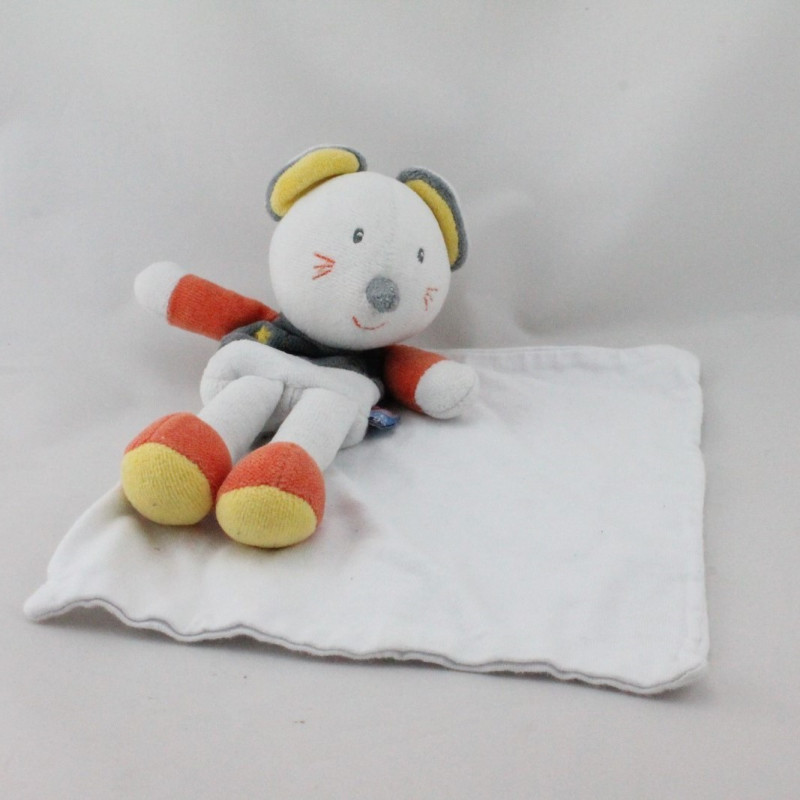 Doudou plat souris blanche grise orange mouchoir cajou SUCRE D'ORGE