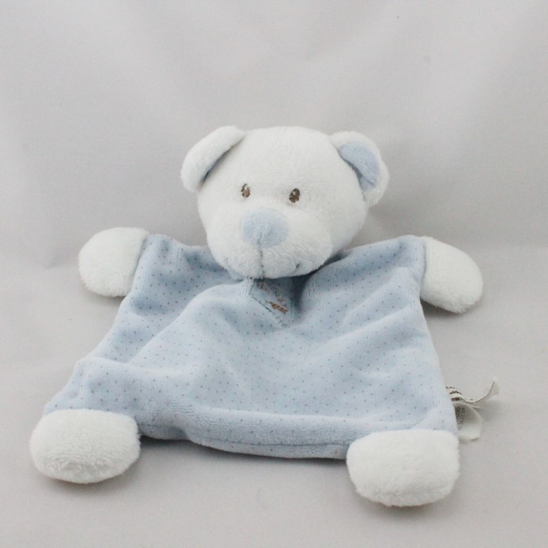Doudou plat ours blanc bleu pois GRAIN DE BLE