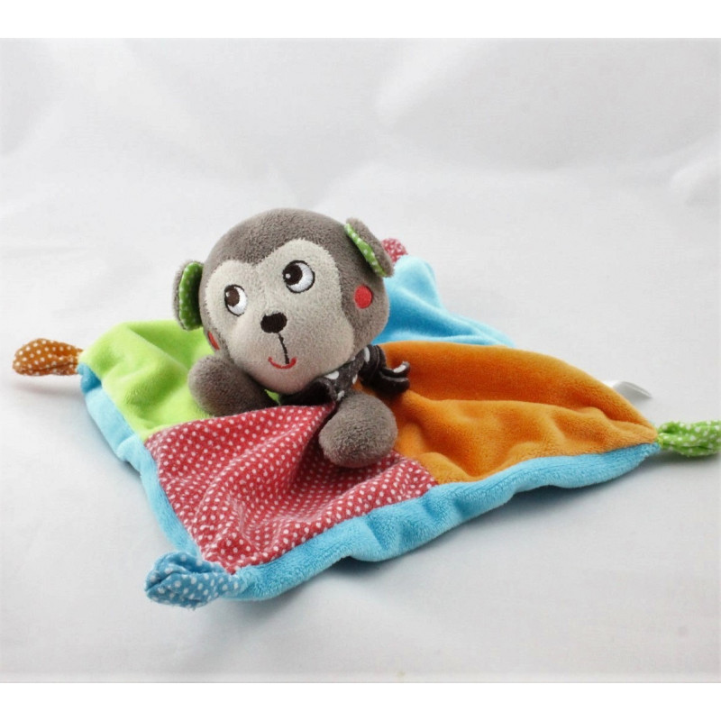 Doudou plat singe marron rouge vert orange bleu pois NICOTOY
