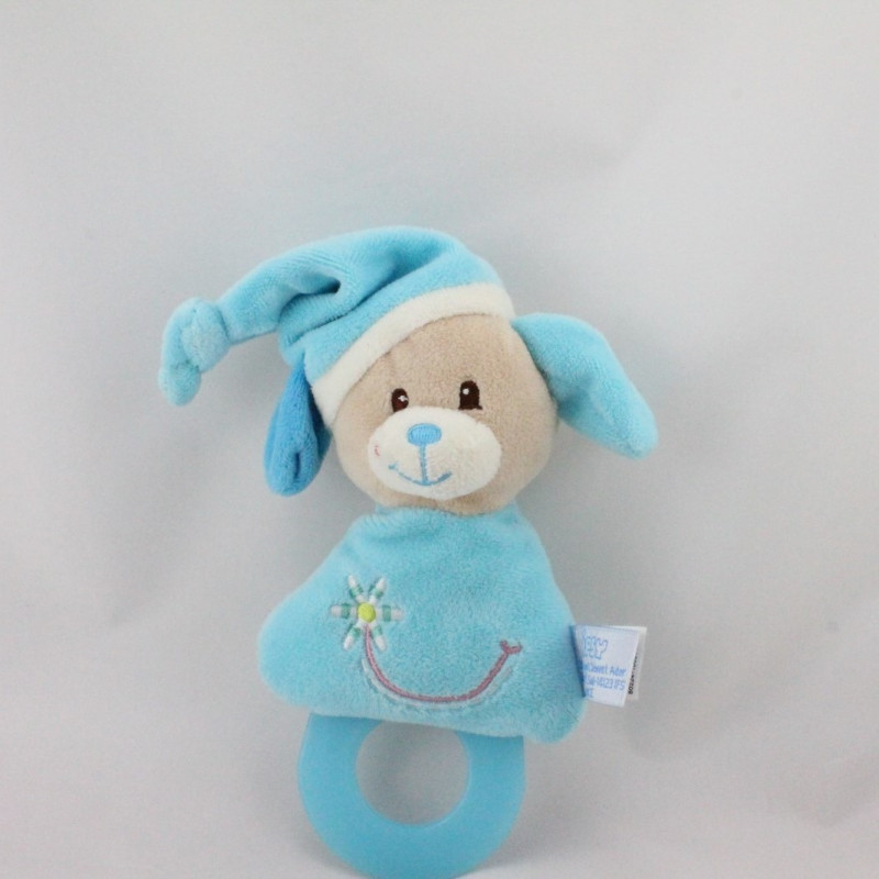 Doudou hochet chien bleu fleur GIPSY