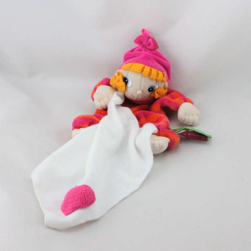 Doudou plat poupée lutin rose orange rayé mouchoir RUBENS BARN
