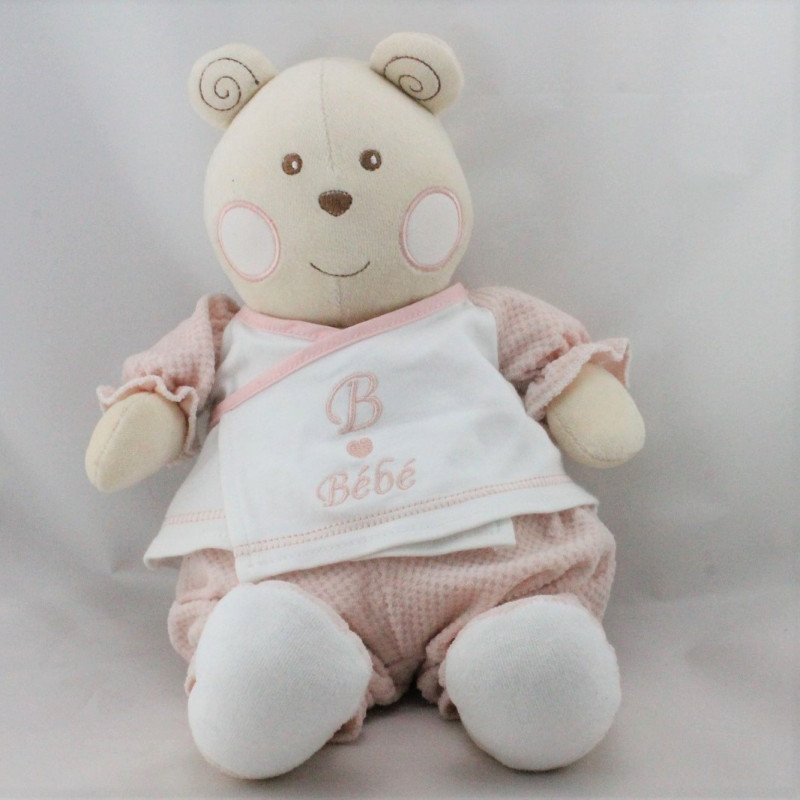 Doudou ours blanc rose B coeur Bébé NOUNOURS