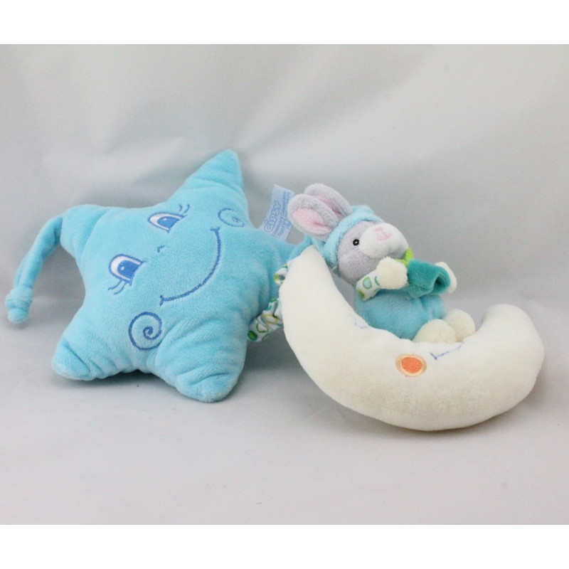 Doudou musical étoile lapin bleu blanc sur lune GIPSY