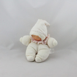 Doudou poupon bébé blanc col rose fleurs COROLLE 