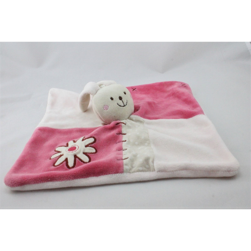 Doudou plat lapin rose fleur pois