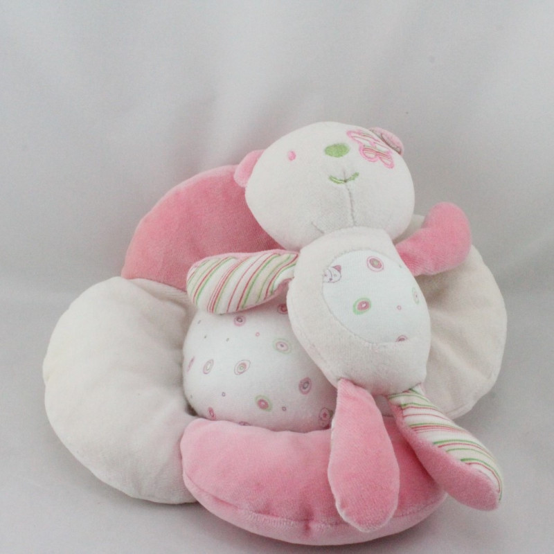 Doudou musical Chat rose rayé vert sur fleur SUCRE D'ORGE