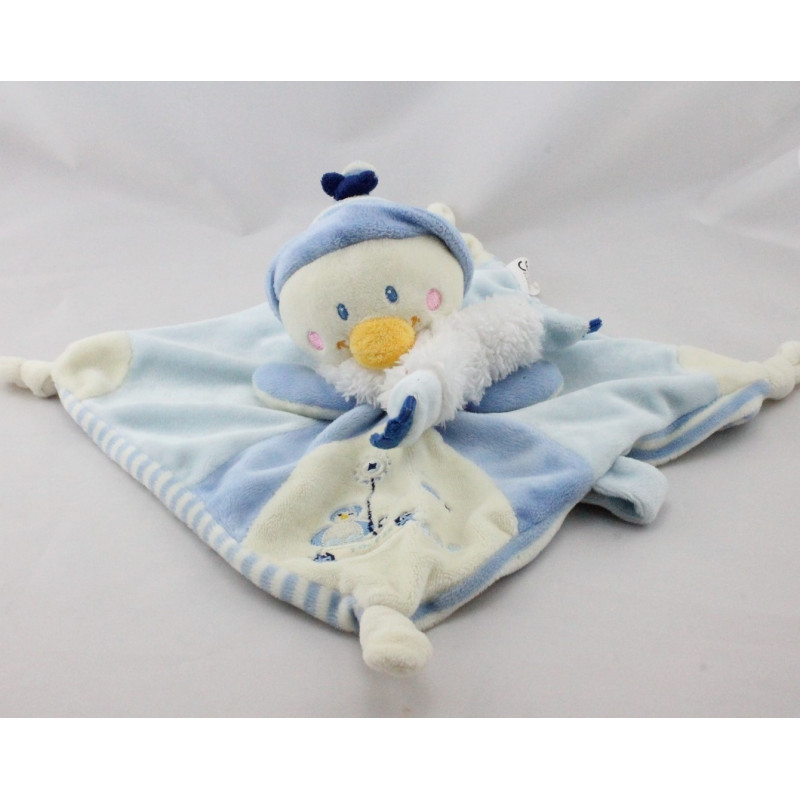Doudou plat carré pingouin bleu blanc Youpik NICOTOY