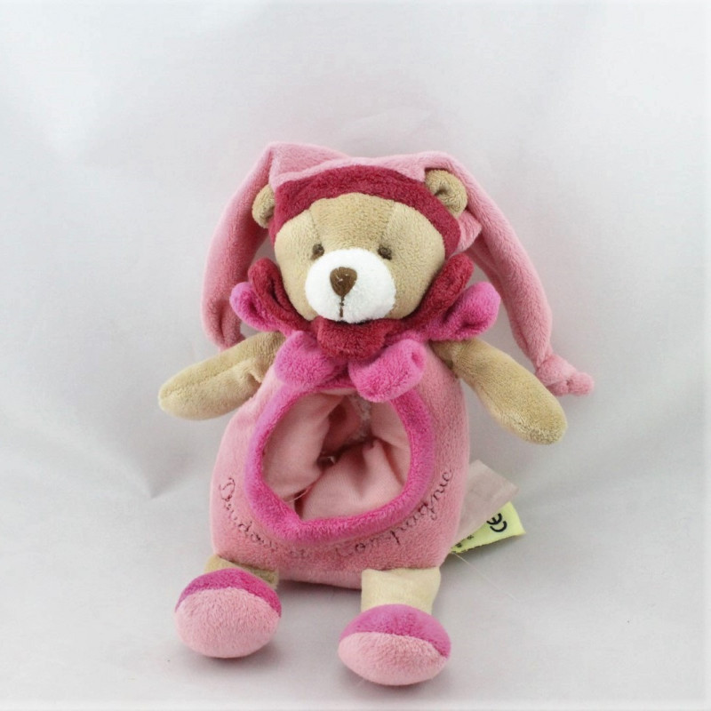Doudou et compagnie ours arlequin col fleur rose